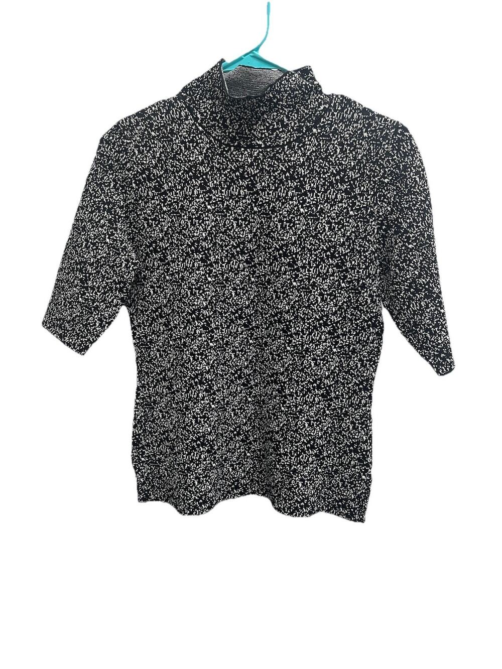 Ann Taylor XS Black White Speckled Mock Neck Knit Top Short Sleeve Sweater